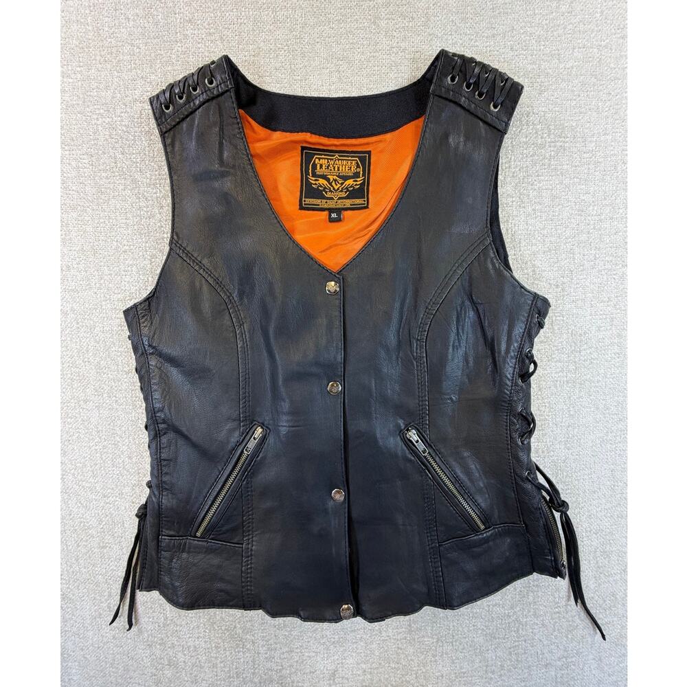 Milwaukee Leather Womens XL Black Snap Front Leather Biker Motorcycle Vest Rider